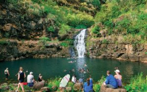 Swim under a waterfall in Waimea Valley